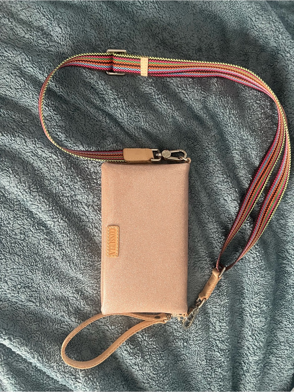 Consuela Rose Gold Wristlet with Multicolor Stripe Strap